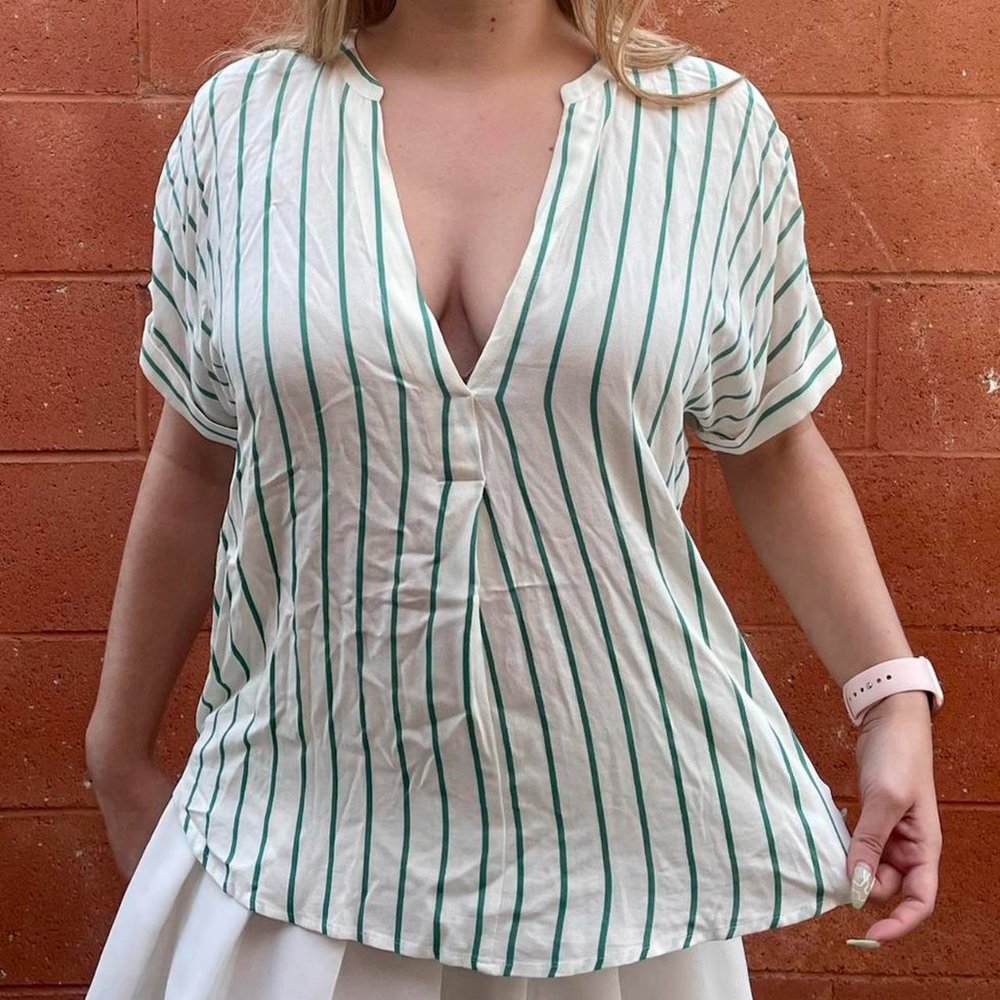 White, Green Striped Low Cut V Neck Blouse